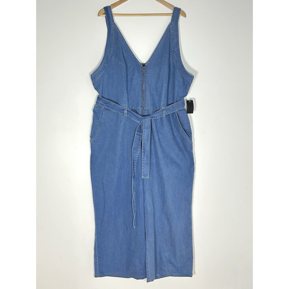 NWT Y2K Chambray Denim Jumpsuit Wide Leg Belted Utility Minimalist Plus 24